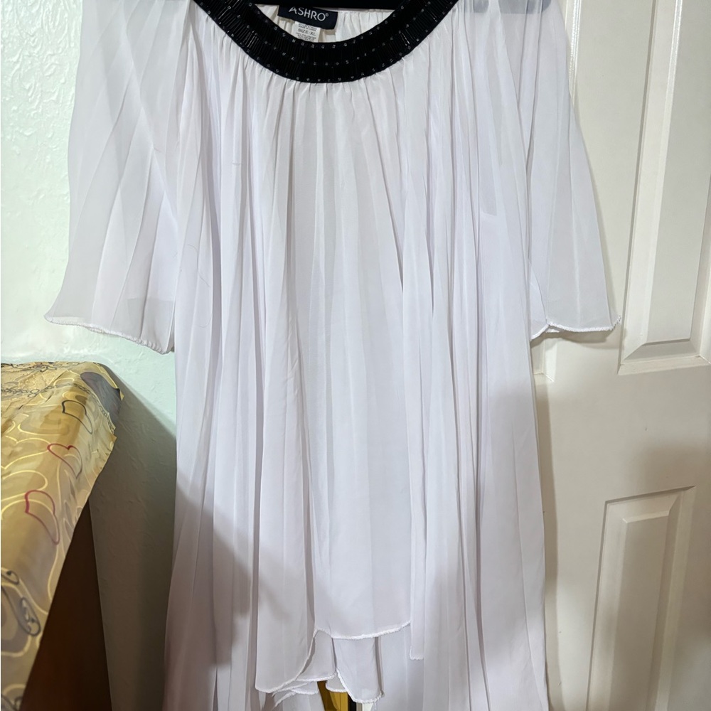Ashro Elegant White Blouse with Black Trim